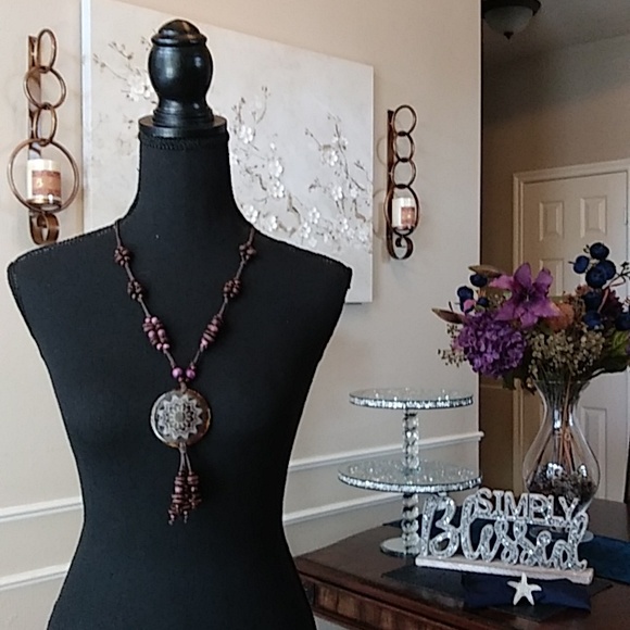 Coffee Bean Necklace With Floral Disk Pendant - Picture 3 of 17